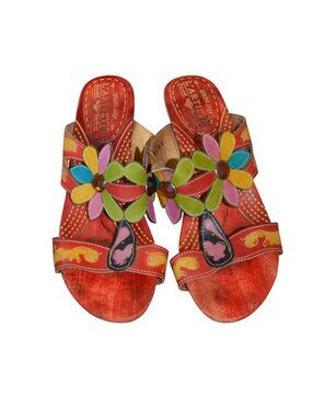 L'Artiste by Spring Step Summerfun Handpainted Leather Floral Sandals Size 9